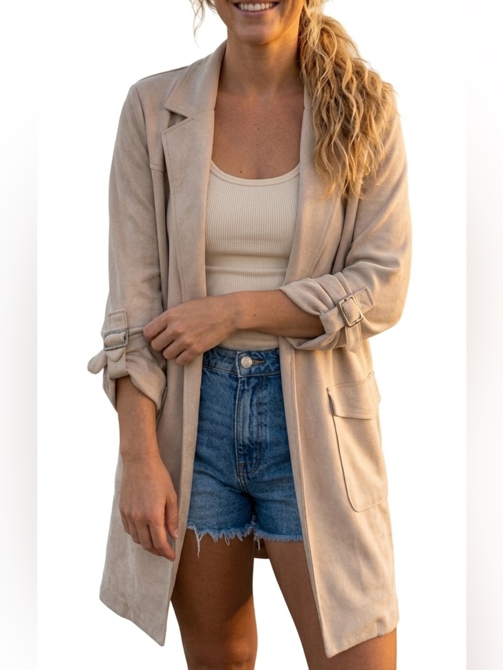 KISMET Creamy Tan Faux Suede Jacket Open Front Raw Hem Buckle Sleeves Medium